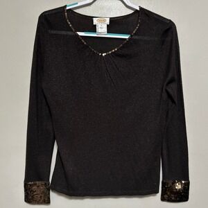 Talbots Blouse SP Brown Sequin V-Neck Shimmer Sheer Long Sleeve